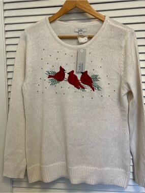 Cozy croft & barrow Cream Crewneck Sweater with Red Cardinal Trio